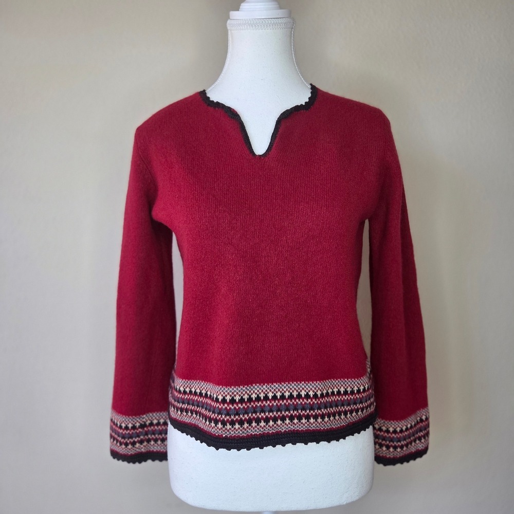 J. Jill Red Lambswool Angora Fair‎ Isle Sweater Split Neck Petite Medium